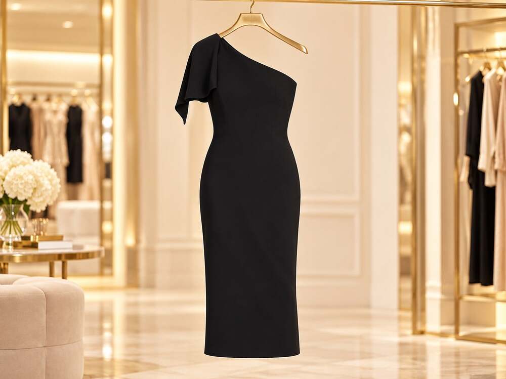 NWT Dress the Population Tiffany One Shoulder Black Midi Cocktail Dress Medium
